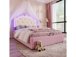 Cama Contenedor Tapizada 140x200 Cm En Símil Piel - Con Led Y Somier De Láminas - Rosa