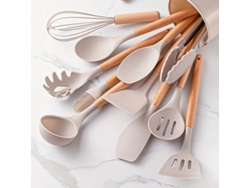 (caqui) Juego De Utensilios De Cocina De Silicona Resistente Al Calor (12 Piezas), Con Mangos De Madera.