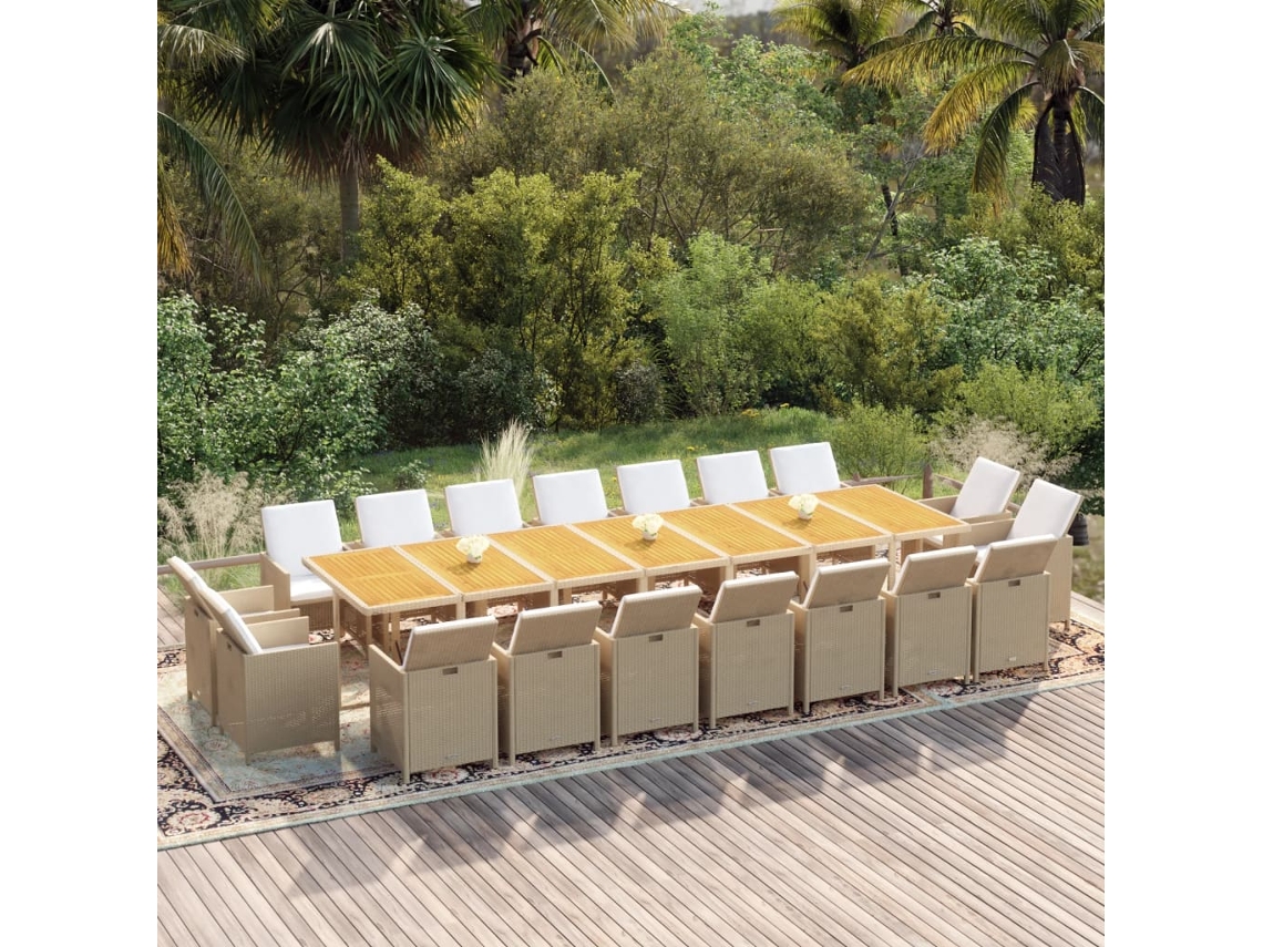 19 Pcs Conjunto de Comedor para Jardín con Almohadones en Mimbre PE en Beige