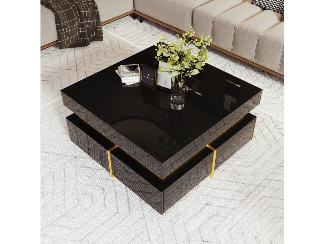Mesa De Centro Con 2 Cajones - Aspecto Brillante Y Adornos Dorados - Negro