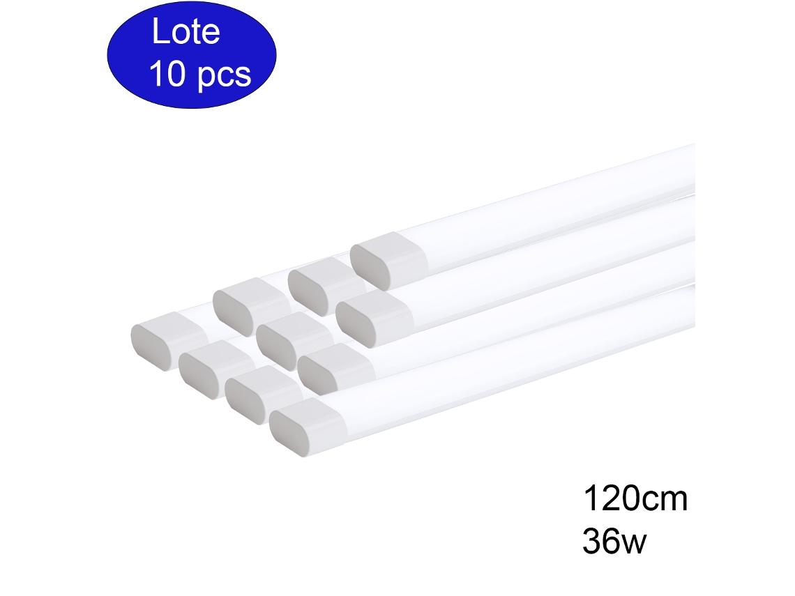 Paquete de 10 luces LED de 120 cm, 36 W, 4500 lm, 6000 K, blanco frío, carcasa blanca y difusor mate antideslumbrante. Alpinaluz
