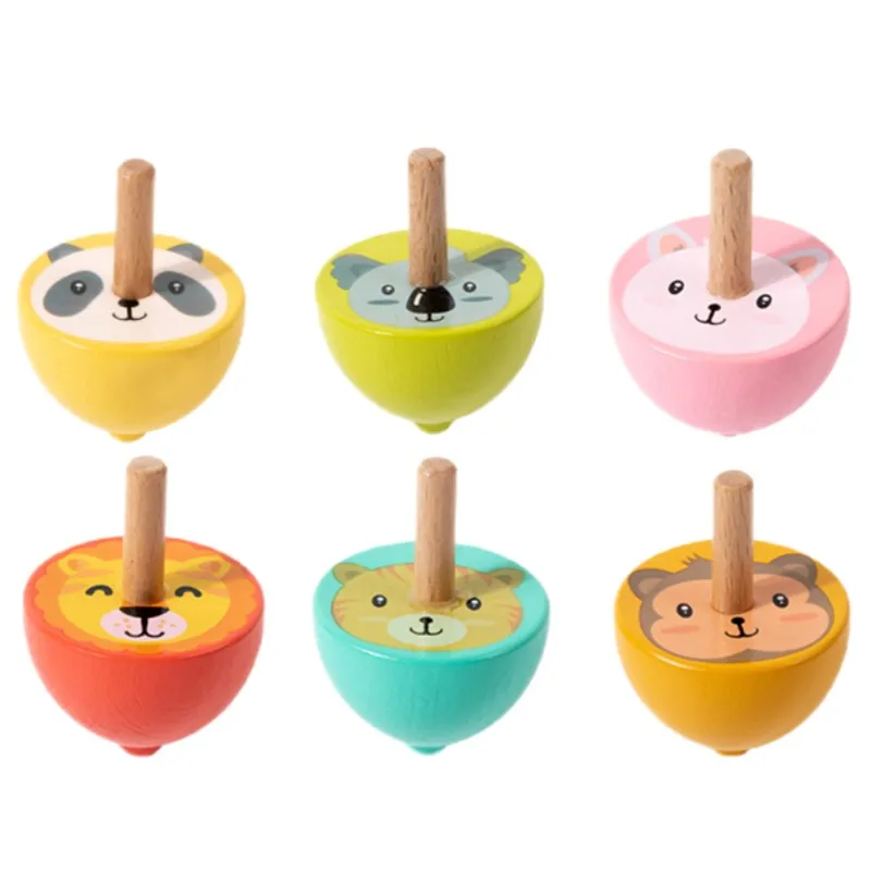 Paquete De 6 Trompos De Madera, Trompos De Colores Estilo Montessori Con Dibujos Animados.