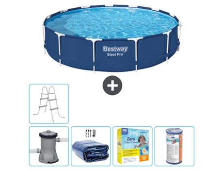 Piscina BESTWAY Round Steel Pro - 396 x 84 cm - Azul - Bomba incluida Vela solar - Paquete de mantenimiento - Filtrar - Escalera