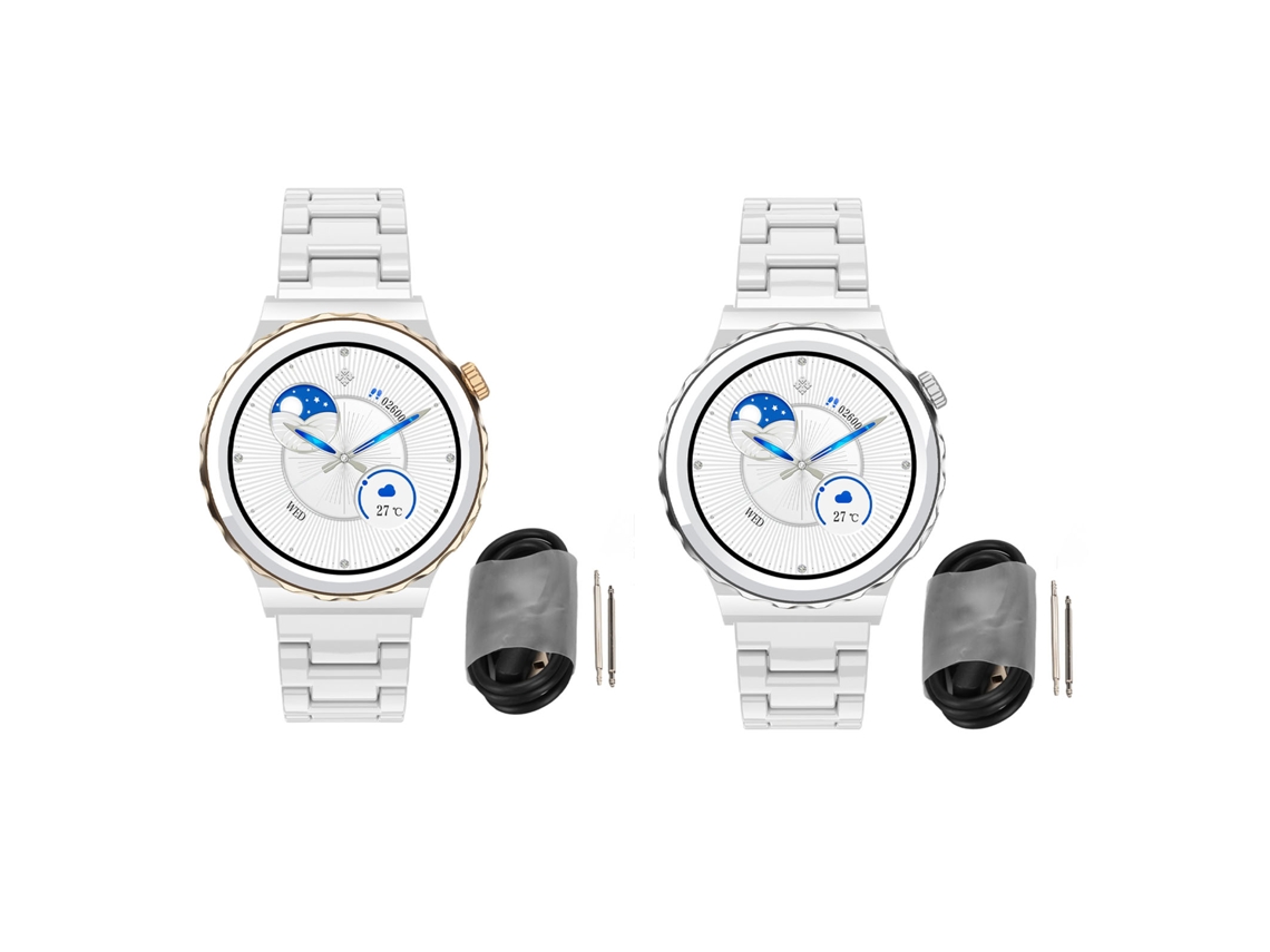 Reloj Inteligente, Pantalla Ips De 1,32 Pulgadas, 256 Kb De Rom, 192 Kb De Ram, Correa De Cerámica, Acabado Dorado.