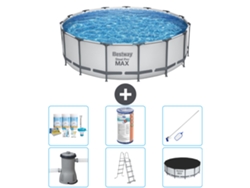 Piscina BESTWAY Round Steel Pro MAX - 457 x 122 cm - Gris - Bomba incluida - Escalera - Cobertor Paquete de mantenimiento - Filtrar - kit de limpieza