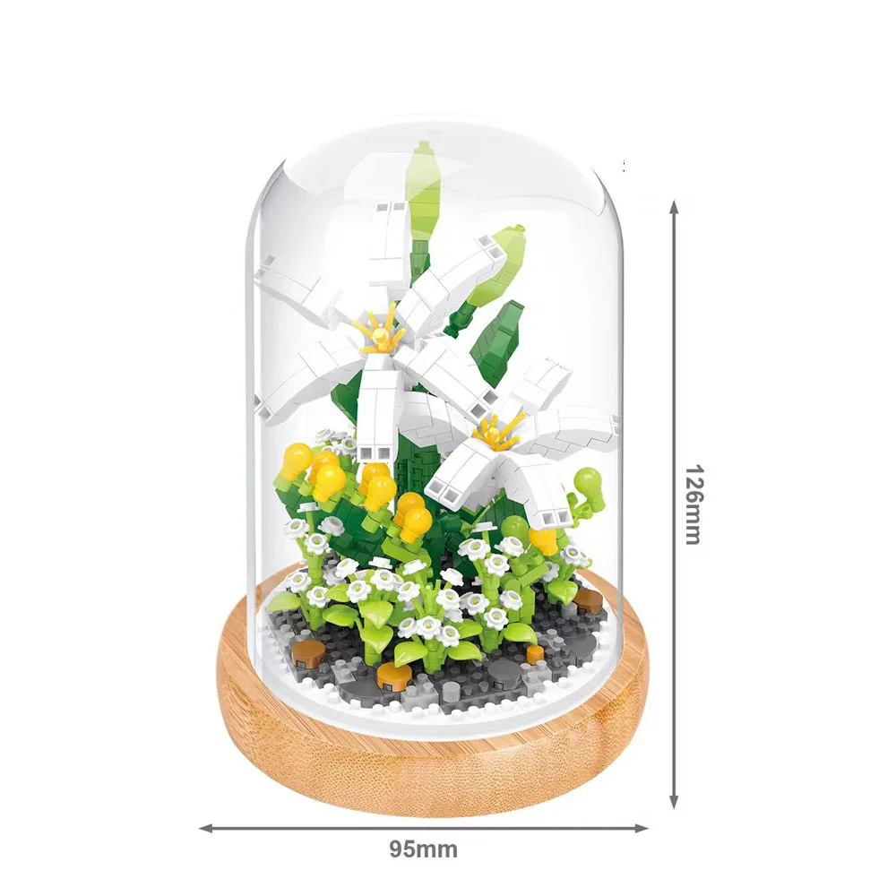 (Lirio Blanco) Bloques de construcción en miniatura, bloques de construcción con forma de flor, con cubierta protectora contra el polvo.