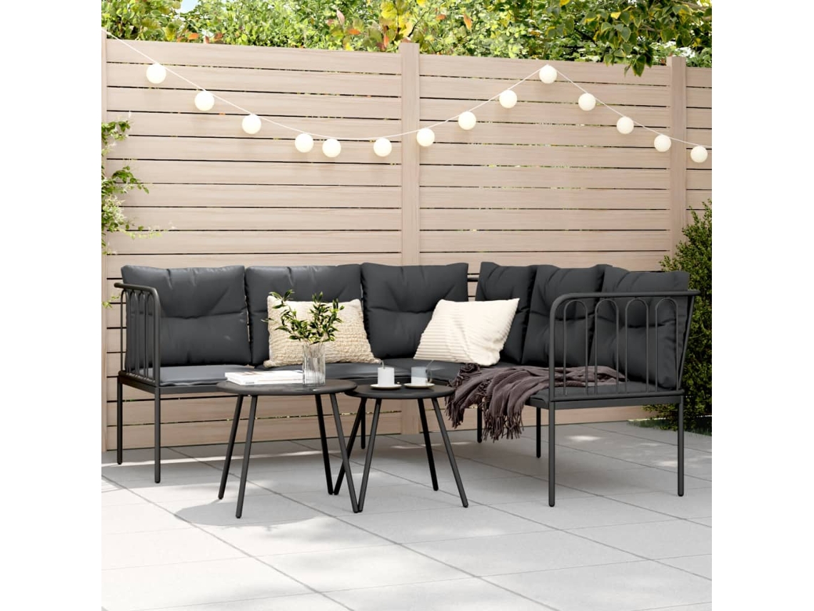 Sofá de jardín con cojines en forma de L, acero/textilesne negro, DKD Home Decor