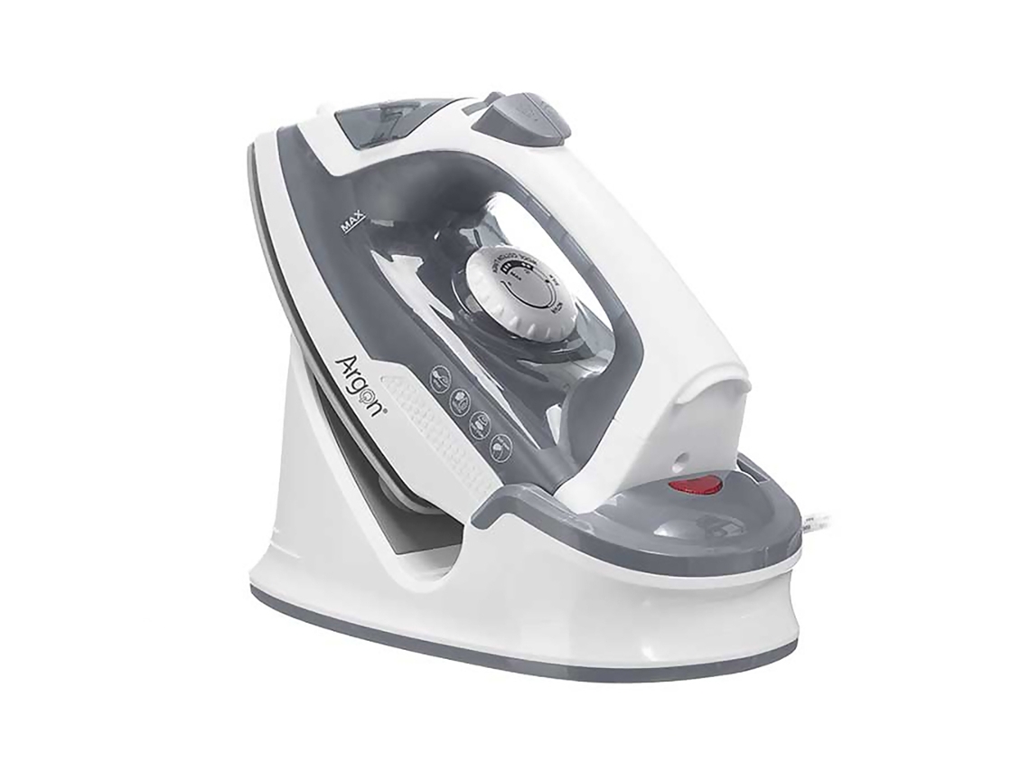 Plancha inalámbrica gris con suela de cerámica, 1600 W de potencia y 170 ml de capacidad.