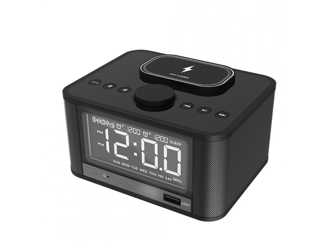Altavoz Bluetooth Multifuncional Pantalla Led Compatible Home Hotel Hi-Fi Estéreo Escritorio Carga inalámbrica Despertador digital Enchufe negro I