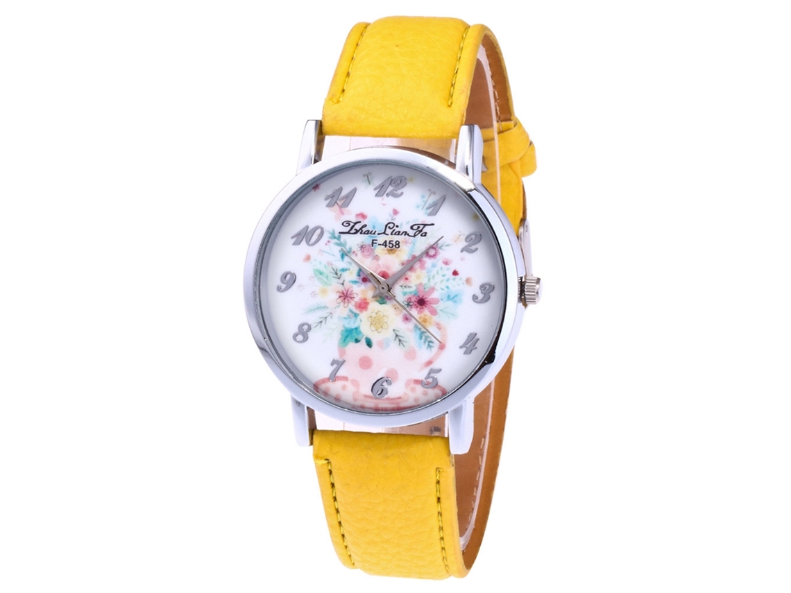 Reloj De Mujer Zhoulianfa Geneva, Correa De Cuero, Cuarzo, Estampado De Margaritas, F-458a, Amarillo