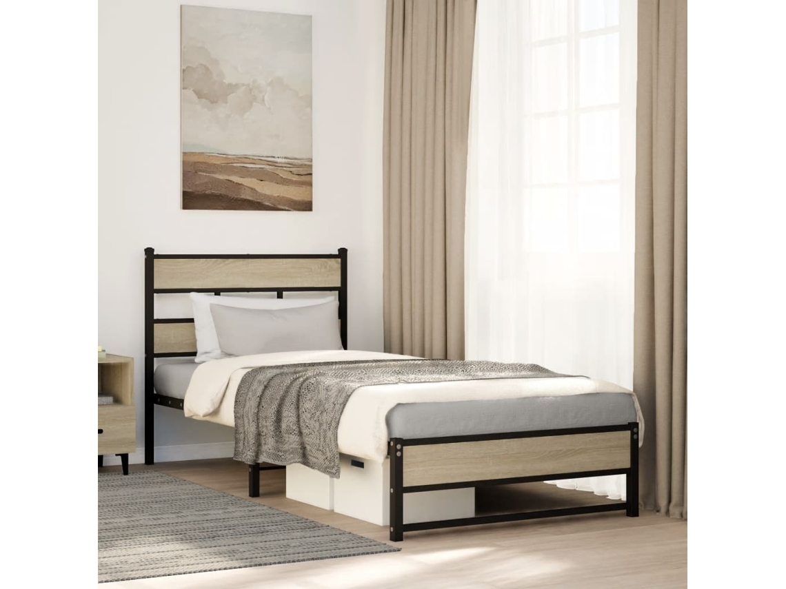 Estructura De Cama Sin Colchón Metal Roble Sonoma 90x190 Cm