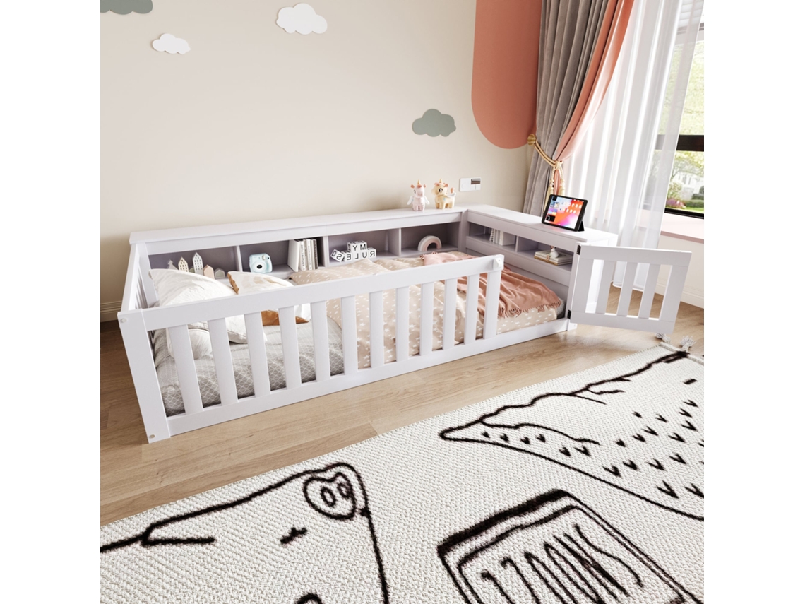 Cama Infantil Multifuncional De 90x200 Cm, Madera Maciza, Color Blanco.