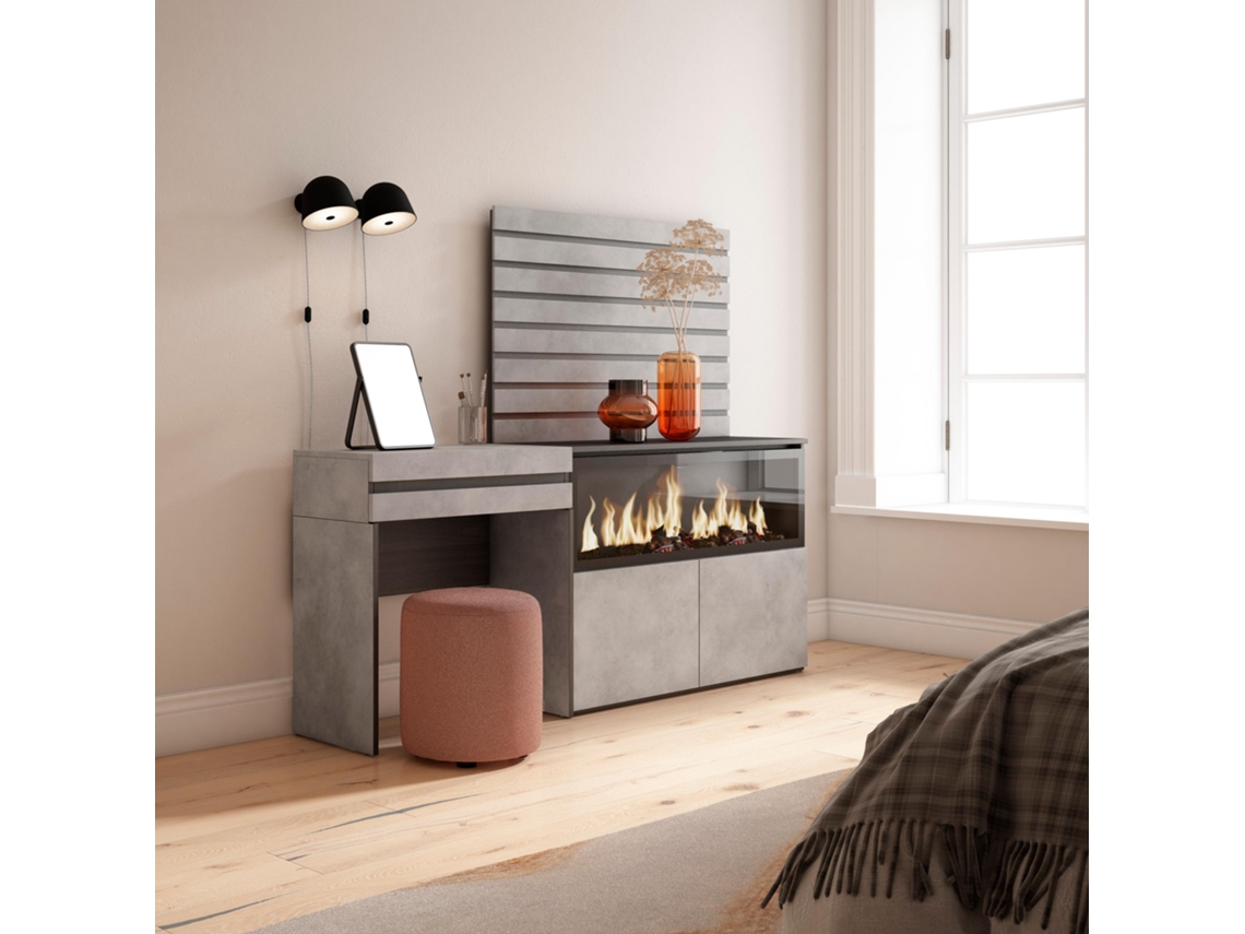 Tocador Cajón Chimenea Eléctrica Listones SKRAUT HOME Madera Melamina Gris (177x35x145)