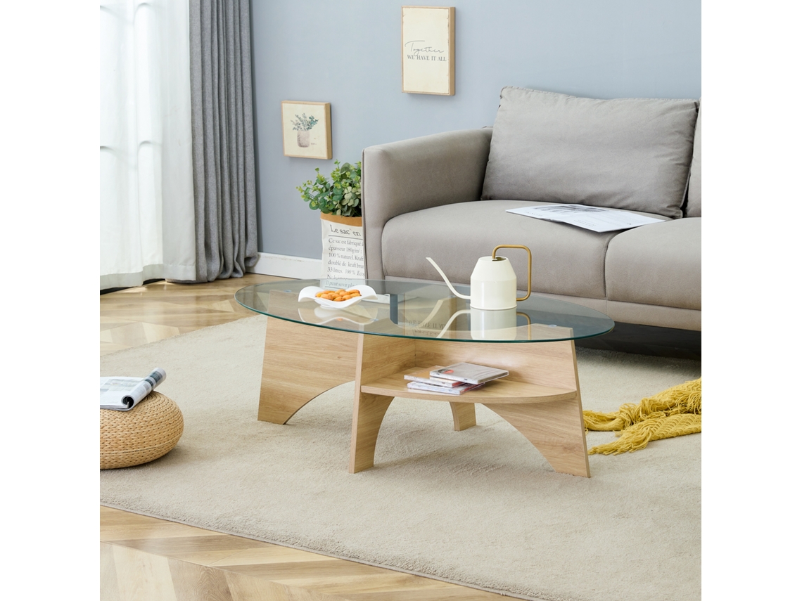 Mesa Café Vidrio Oval 104,9x60 Cm, Estructura Angular, Almacenaje, Transparente/madera