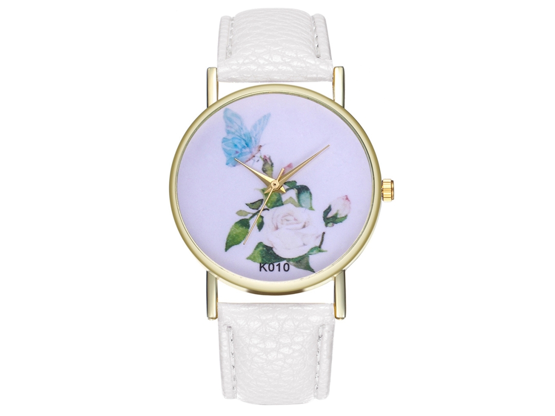 Reloj De Pulsera Unisex De Cuarzo Zhoulianfa, Piel Sintética, Estampado Floral Sencillo, Blanco.