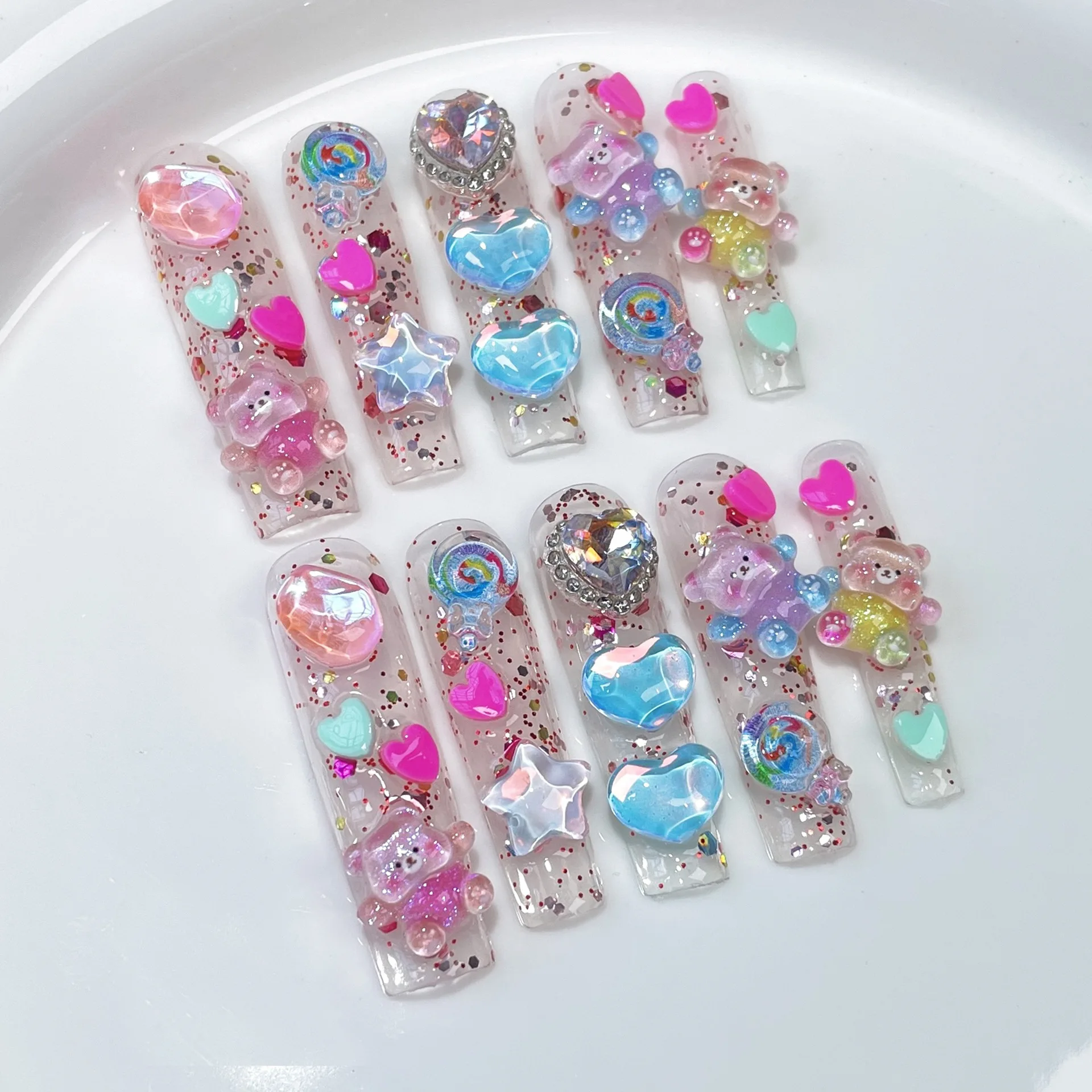 (391-m) 10 Uñas Postizas Rectangulares Hechas A Mano, De Tipo A Presión.