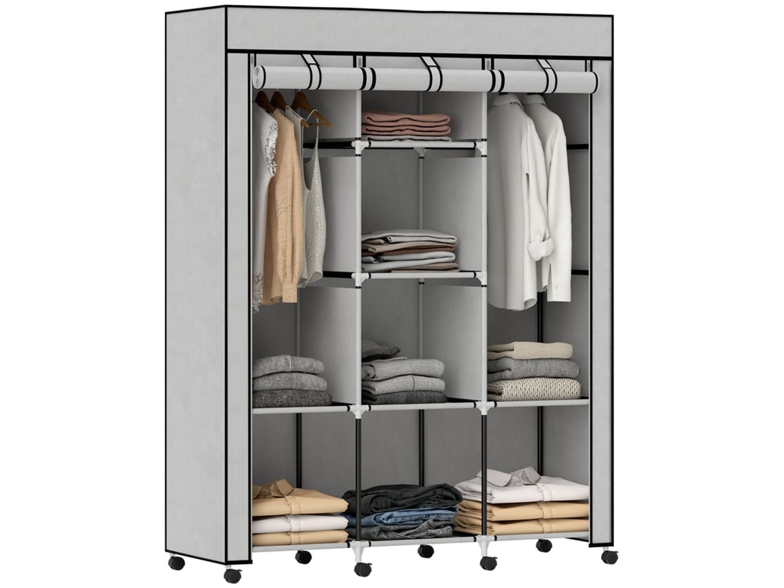 Armario multifuncional con 8 estantes y 2 barras para colgar ropa, tejido gris.