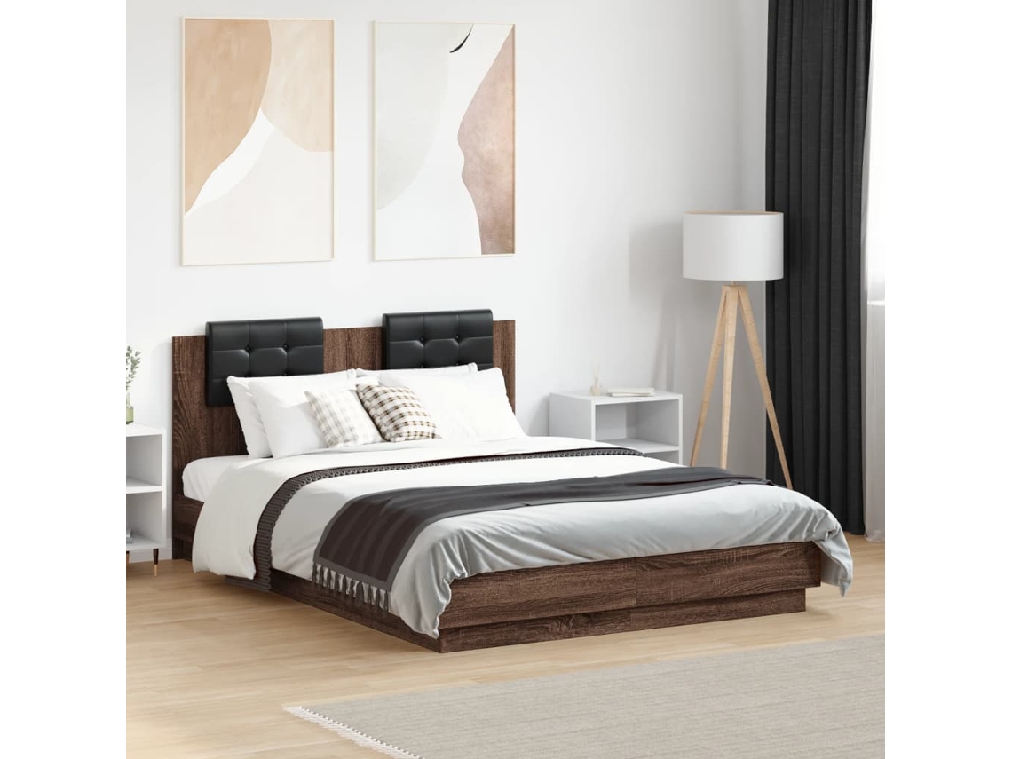 Estructura Cama Con Cabecero Luces Led Marrón Roble 120x190 Cm