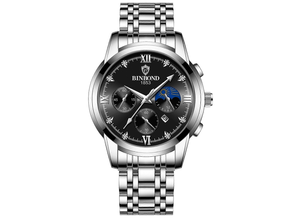 Reloj Binbond B3591 para hombre, resistente al agua, con calendario luminoso de 30 m, color acero blanco y negro Hengrongshen