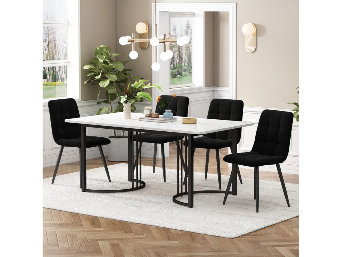 Mesa de 140 cm, 4 sillas, terciopelo negro, patas negras.