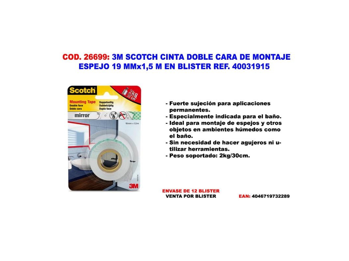 3m scotch cinta doble cara de montaje espejo 1.5mx19mm 40031915