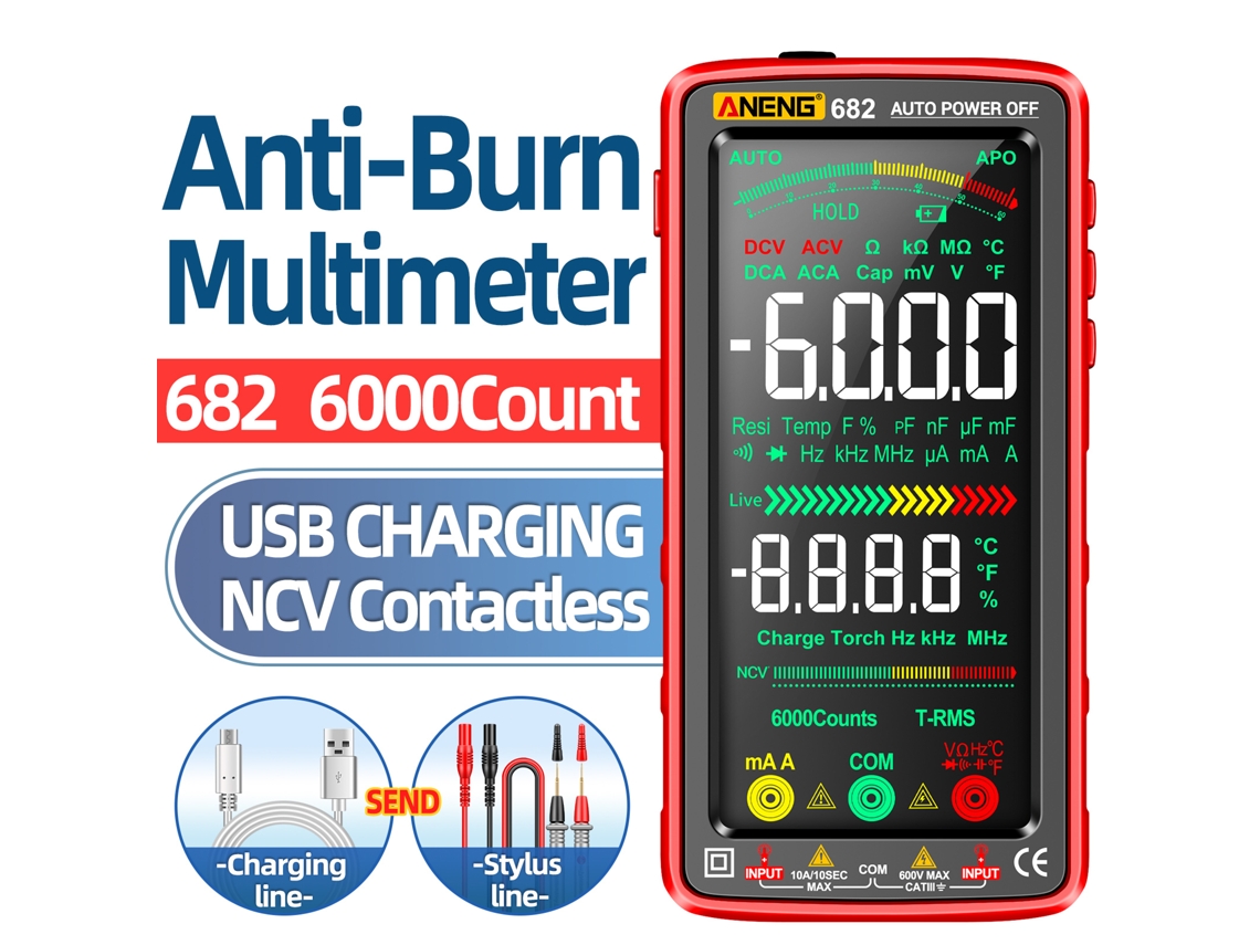Multímetro Digital Aneng 682 6000 Counts Carga Usb Pantalla Va Anticortocircuito