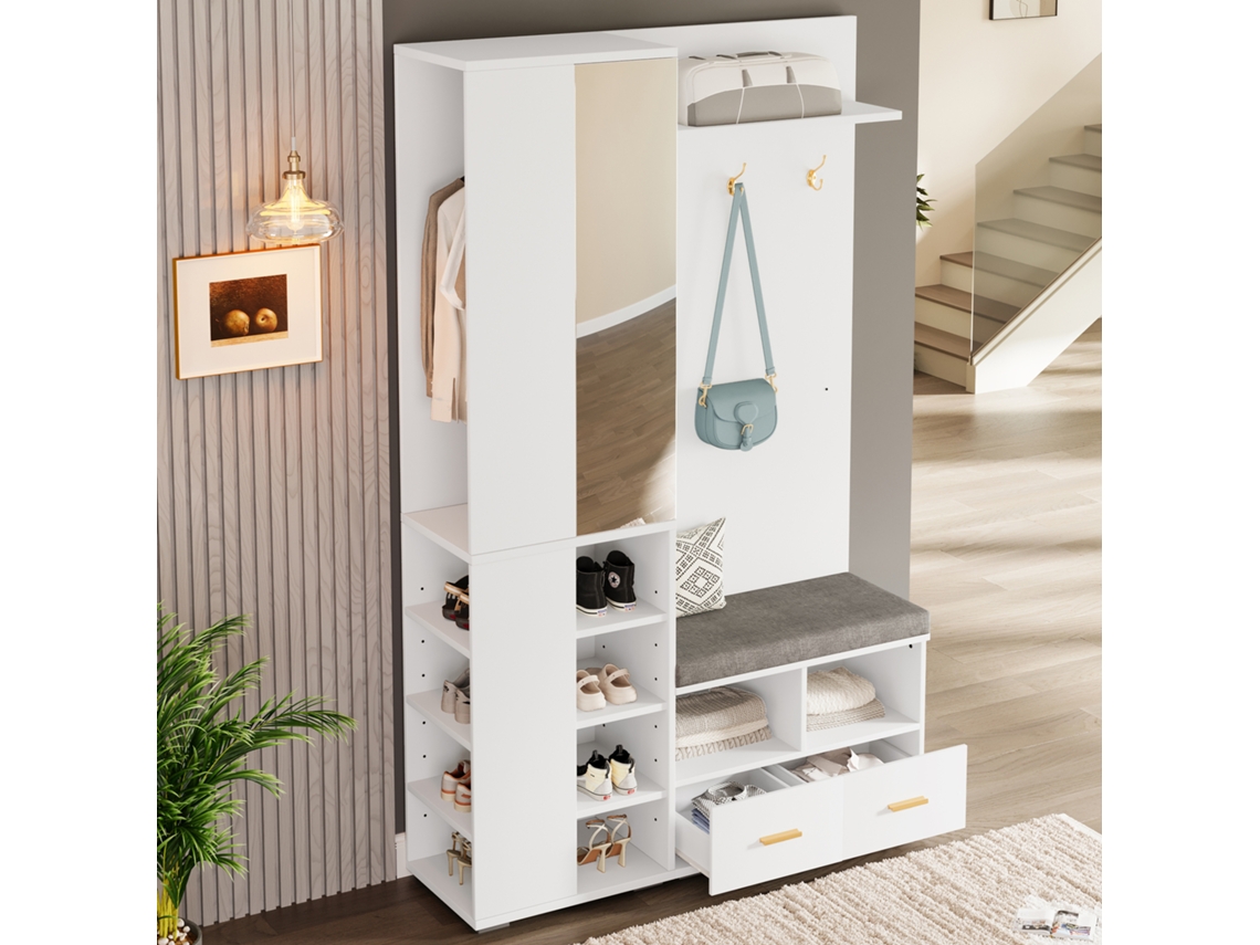 Conjunto De Recibidor 120x35x190 Cm - Armario, Perchero, Zapatero, Espejo, 3 Ganchos, 2 Cajones - Blanco