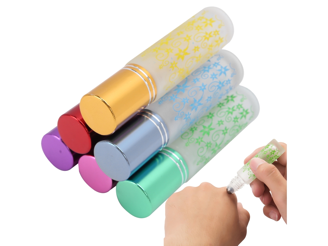 Juego de 6 roll-ons de aceites esenciales a prueba de fugas, 10 ml, botella de vidrio resistente a los rayos UV, tapa de aluminio.
