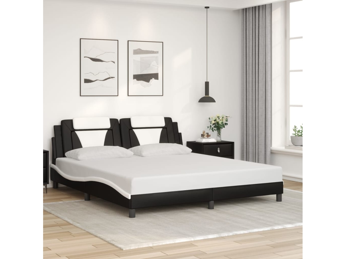 Estructura De Cama Con Cabecero Cuero Sintético Negro Y Blanco