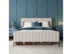 Cama De Adulto Tapizada En Tejido De Lino - 140x200 Cm - Con Cabecero Ajustable Y Somier De Láminas - Gris Claro