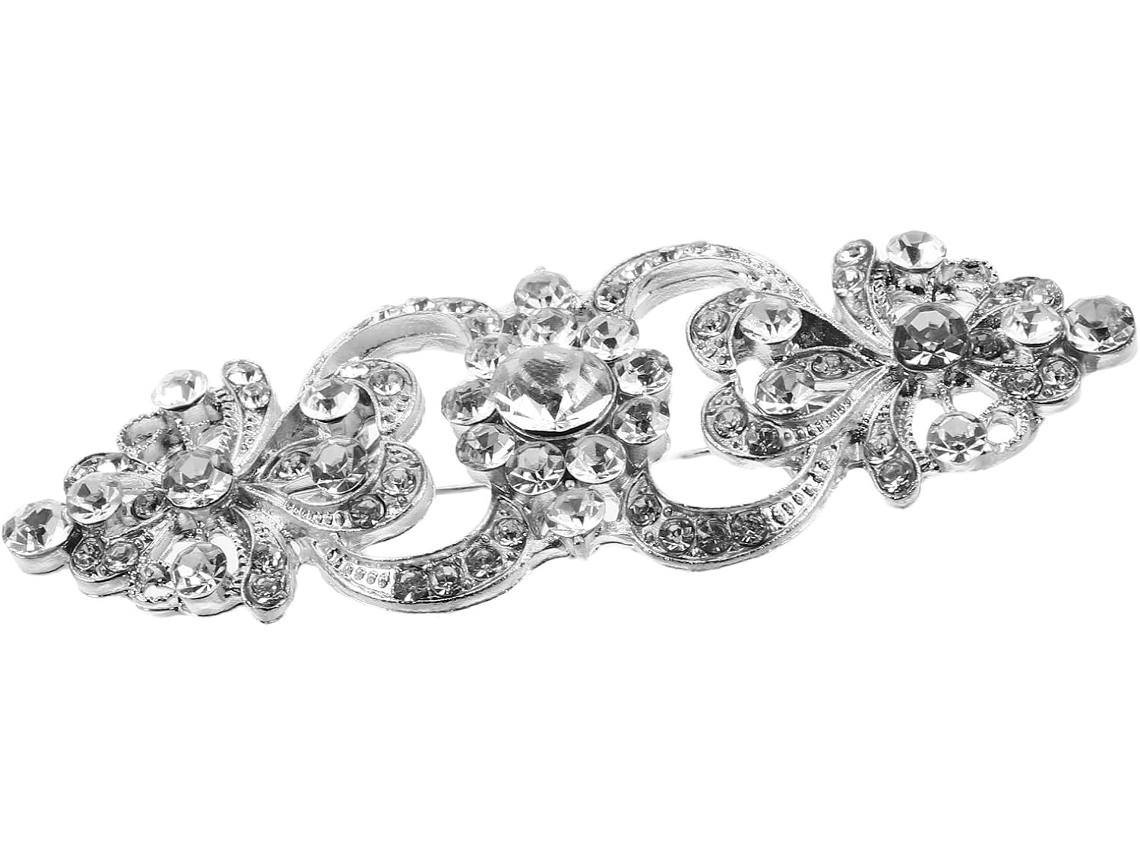 Broche Villcase em liga metálica, design elegante e clássico com miçangas e pedras sintéticas, leve e fácil de combinar.