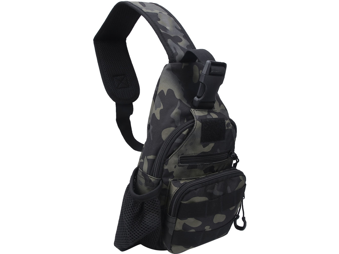 Riñonera deportiva Mali Outdoor Sports con puerto USB, fabricada en tela Oxford, ideal para escalada, pesca y ciclismo. Diseño de camuflaje verde.