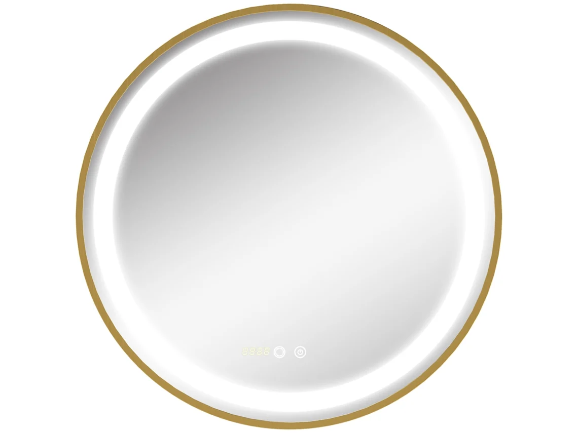 Espejo redondo con LED, reloj, memoria, dorado y plateado