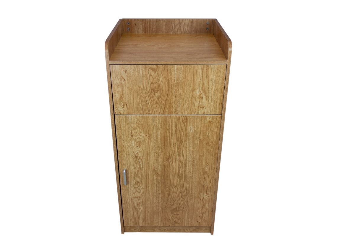 Papelera y porta bandeja en madera de roble claro.