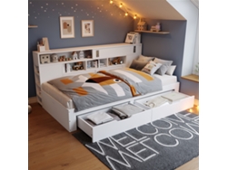 Sofá Cama Infantil De 90x200 Cm Con Cajones, Librería, Armario Y Cómoda, Color Blanco.