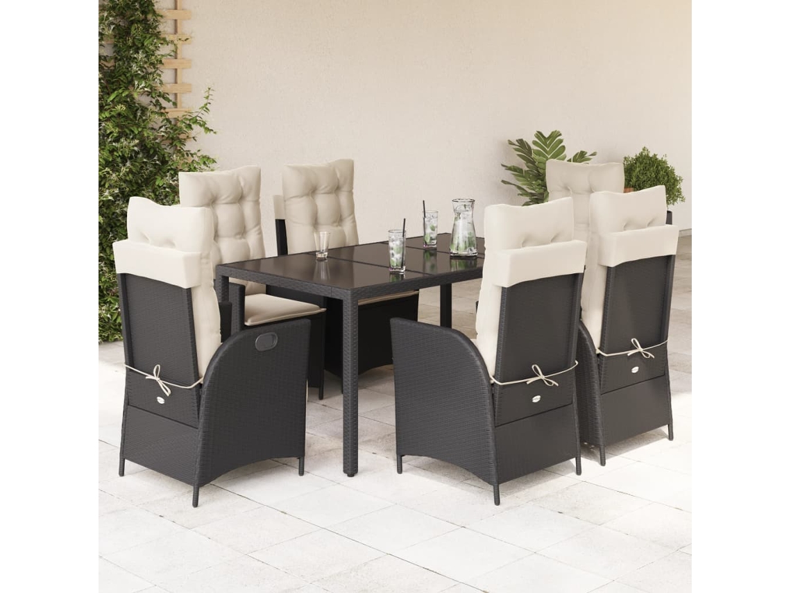 Juego de comedor de jardín de 7 piezas con cojines, mimbre sintético negro, DKD Home Decor