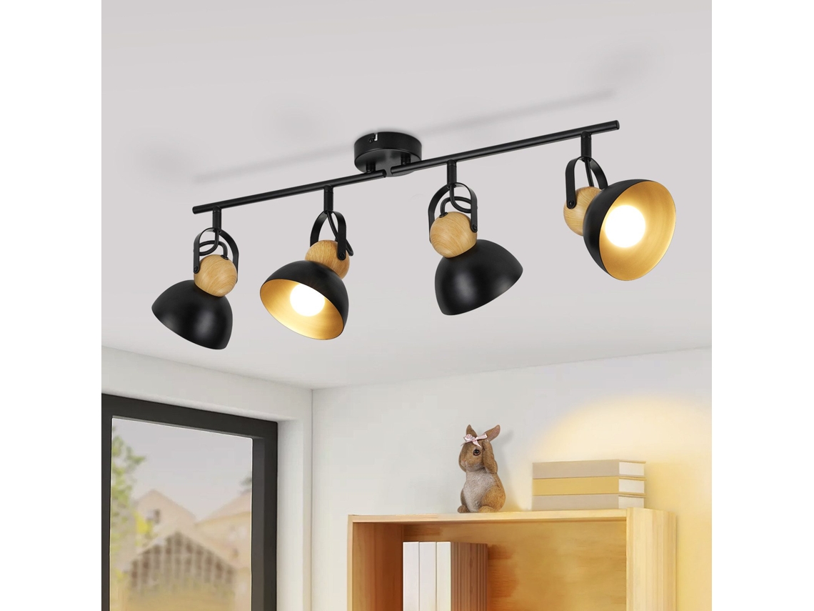Foco de techo vintage negro E27, ajustable 350°, lámpara de pasillo de metal industrial retro, 4 llamas, Nettlife