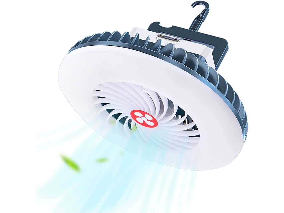 JILLIOPER Lámpara de camping LED con ventilador, ventilador portátil USB recargable con imán y gancho, 54 LEDs, entrada y salida para tienda de campaña exterior