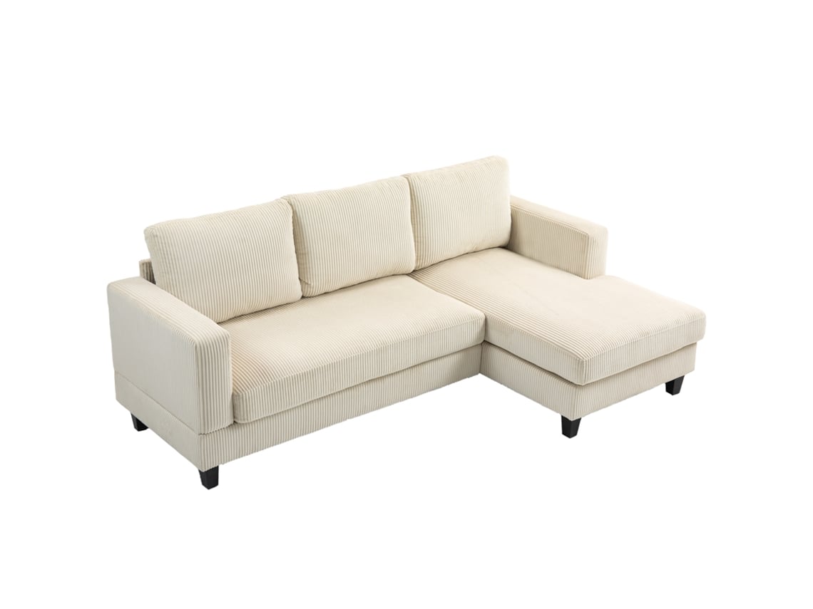 Sofá Chaise Longue 3l L Veludo Assento Encosto Almofadados 214x134x87cm Bege