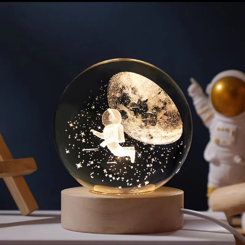 (Estilo 7 con base LED) Bola de cristal de 8 cm con grabado láser 3D, Serie Astronómica