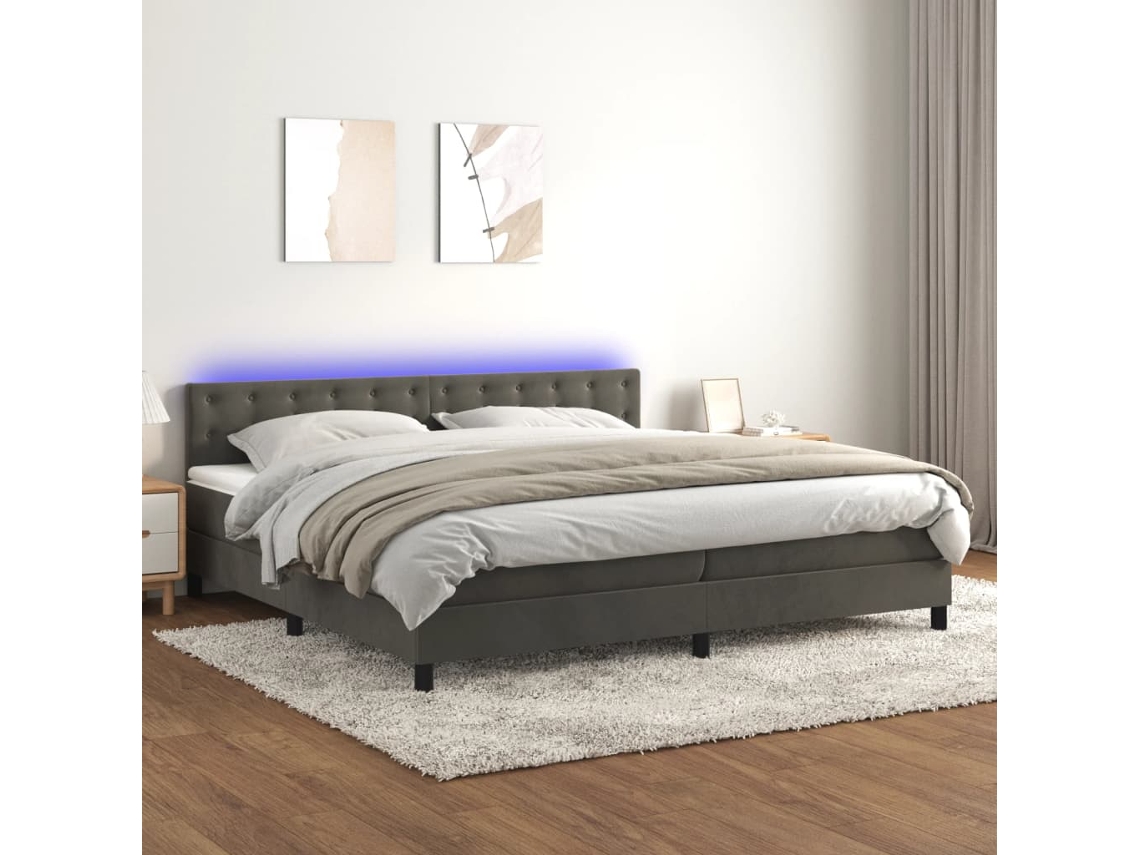 Cama Box Spring Colchón Y Led Terciopelo Gris Oscuro 200x200 Cm