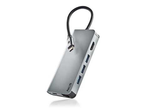 Adaptador Hub Tipo-C NGS Wonder Dock 8 (HDMI 4K - LAN 1Gbps - USB3.0 - SD/TF - Cargador PD 60W - Plata - 15 x 11 x 5 cm)