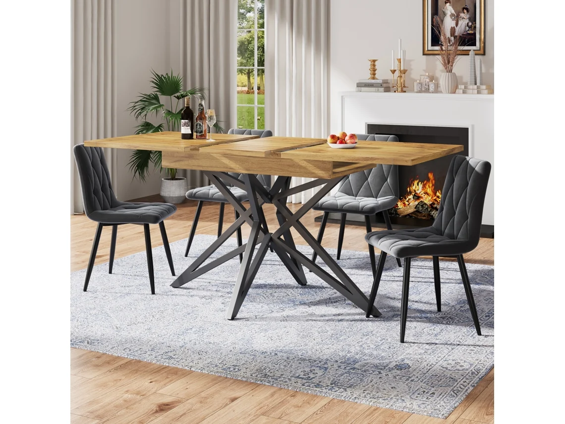 Mesa Extensible 120–160×80 Cm Para Cocina O Desayuno, Patas Estrella De Hierro Negro Y Tapa De Nogal/imitación Mármol