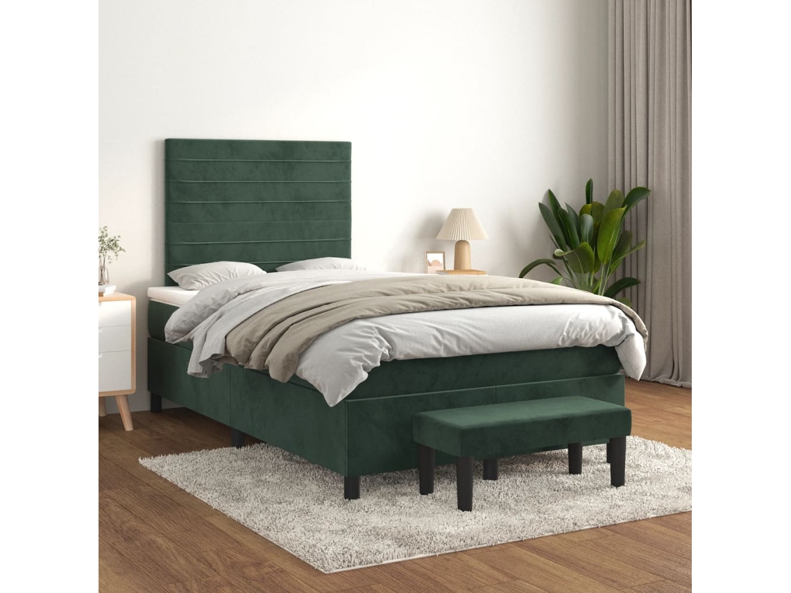 Cama Box Spring Con Colchón Terciopelo Verde Oscuro 120x200 Cm