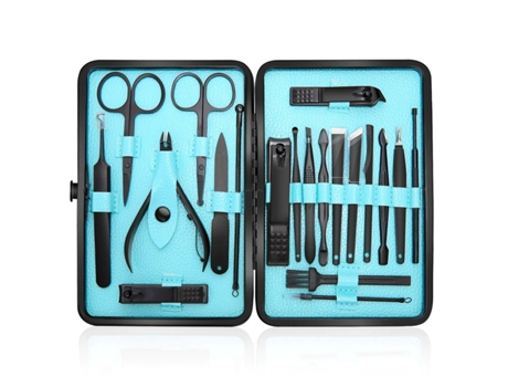 Set de herramientas de manicura en azul (fondo azul)