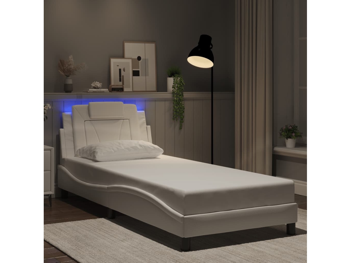 Estructura Cama Con Luces Led Cuero Sintético Blanco 80x200 Cm