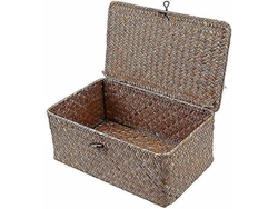 Cesta de mimbre pequeña con tapa de algas marinas, caja de mimbre natural, cesta para la colada
