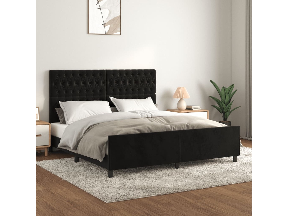Estructura De Cama Con Cabecero De Terciopelo Negro 180x200 Cm