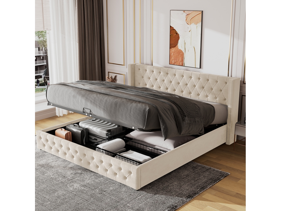 Cama Beige Con Remaches En Las Orejas, Franela Y Botones, 180x200 Cm, Vista En Alzado.