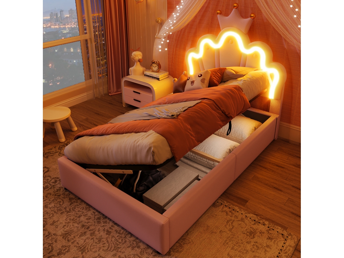 Cama De Princesa De 90x200 Cm Con Corona Led, Sistema Hidráulico, Colchón De Pu Rosa (colchón No Incluido).
